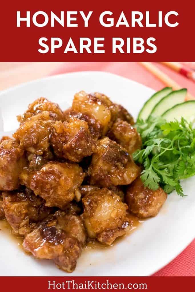 Tender crispy fried spare ribs tossed in a sticky honey garlic sauce. This recipe is the “gourmet” version of the classic Chinese takeout! #honeygarlicribs #chineserecipe #spareribs 