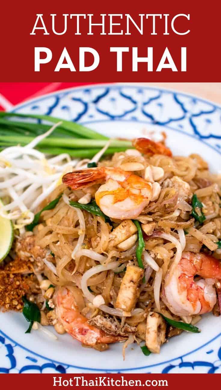 A pinterest image of pad thai shrimp with text that says "authentic pad thai"