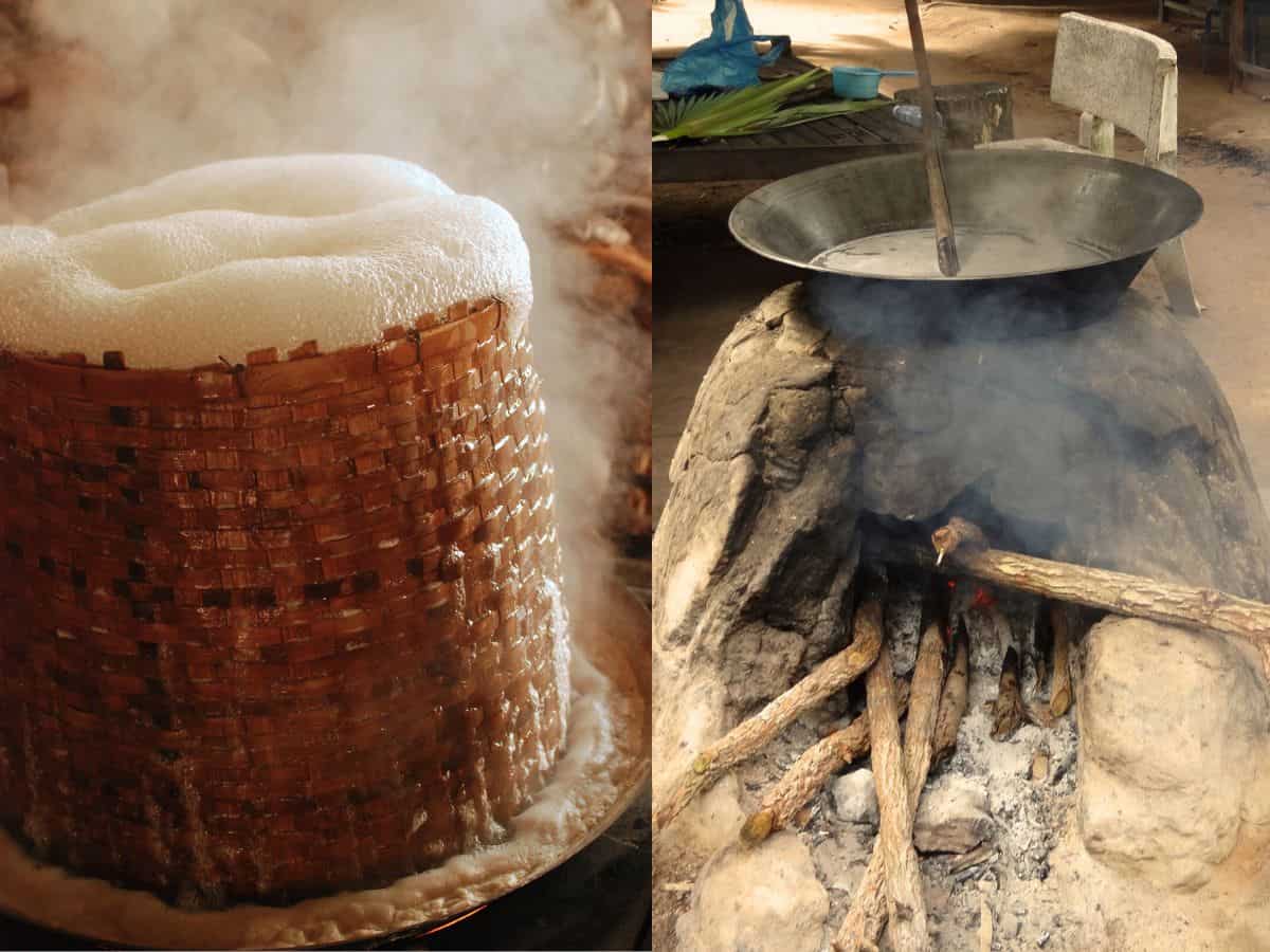 left: sugar syrup boiling with bamboo basket on the wok. Right: palm sugar syrup in a wok.