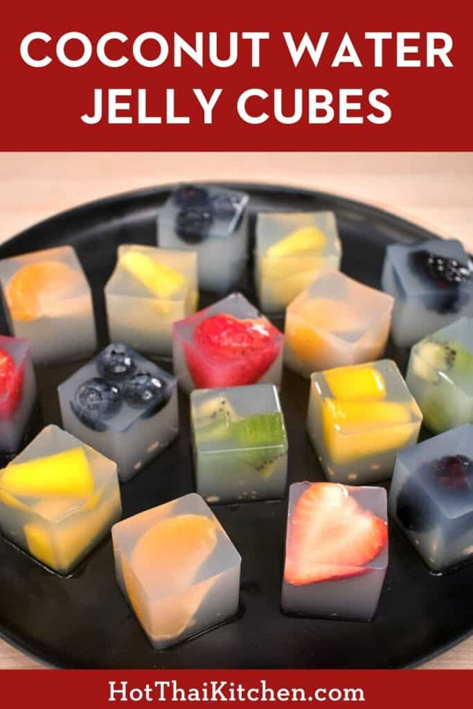 Coconut water agar jelly with fresh fruit. Beautiful, easy, healthy dessert perfect for Valentine's Day! You can even pack them up as an edible gift, and they're naturally vegan and gluten free! #ValentinesDayDessert #coconutwater #vegandessert #nobakedessert