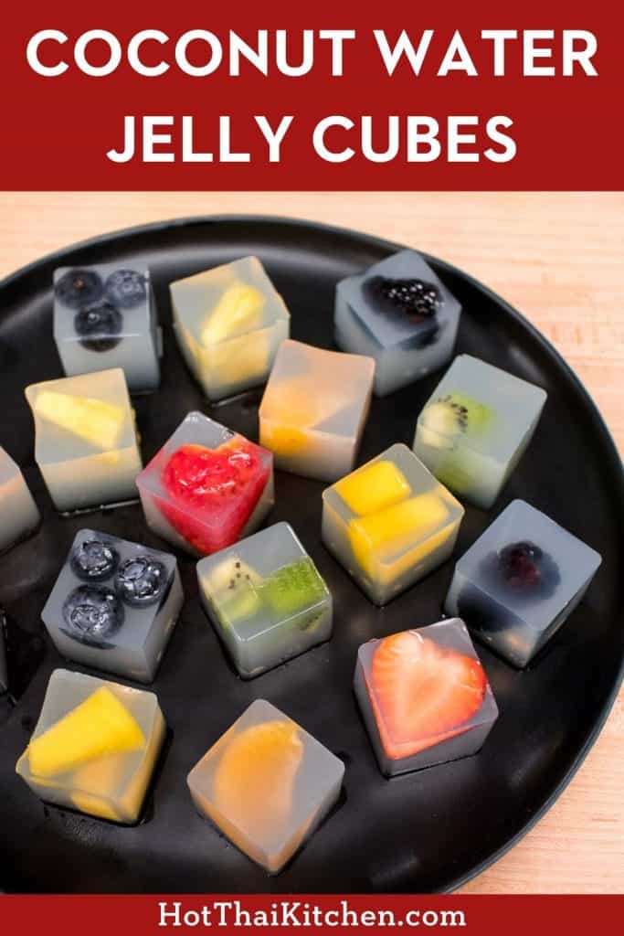 Coconut water agar jelly with fresh fruit. Beautiful, easy, healthy dessert perfect for Valentine's Day! You can even pack them up as an edible gift, and they're naturally vegan and gluten free! #ValentinesDayDessert #coconutwater #vegandessert #nobakedessert