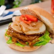 A plate of massaman burger with potatoes, onions and chilies.