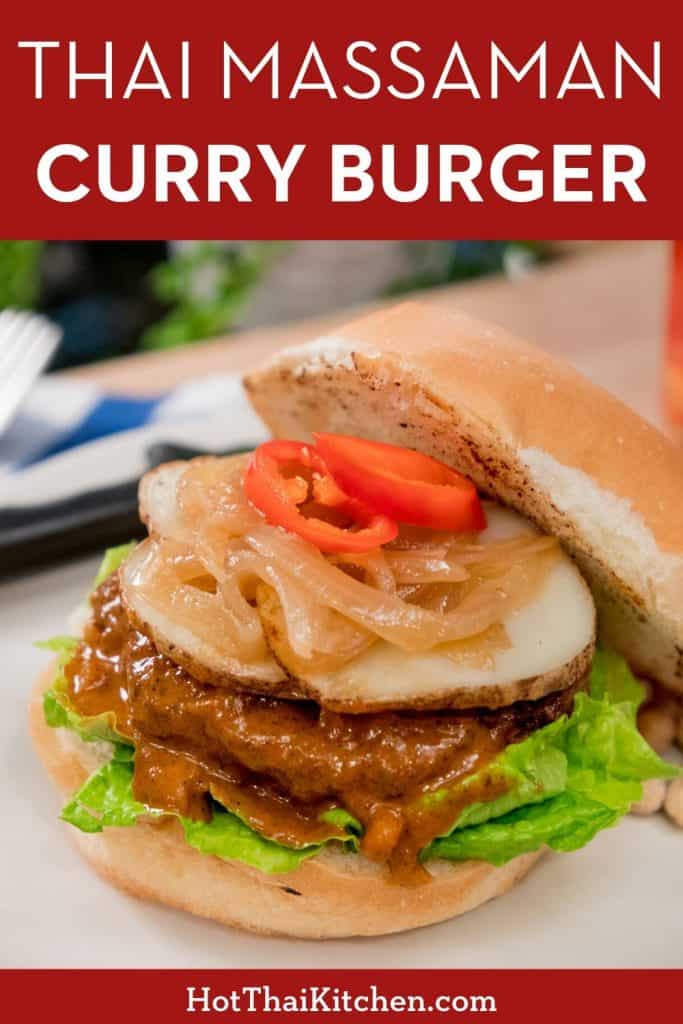 Add Thai flavours to your burger with this massaman curry burger recipe! With fried potatoes and caramelized onion, it's definitely a unique delight for your BBQ. #thaifusion #thairecipe #curryburger