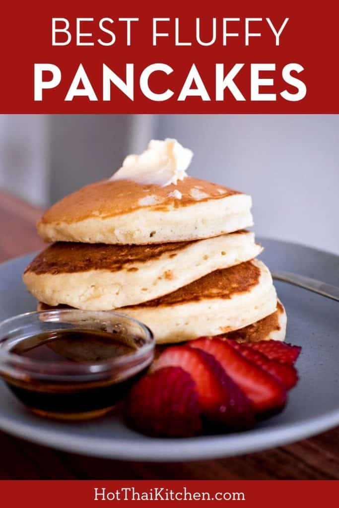 Super fluffy pancake recipe for the perfect morning. A few secret ingredients make these light, tender, and perfect for any toppings. #breakfastrecipe #pancakes 