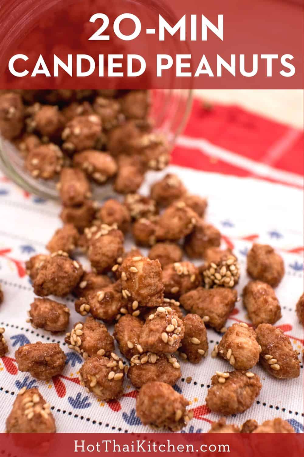 Super addictive snacks that can be easily made in 20 minutes. Peanuts coated in crunchy candy and fragrant sesame seeds! #glutenfree #vegan #thaifood
