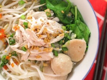 A bowl of Thai chicken noodle soup