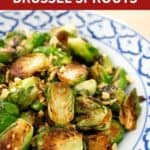 Pan seared brussel sprouts with fried garlic on top