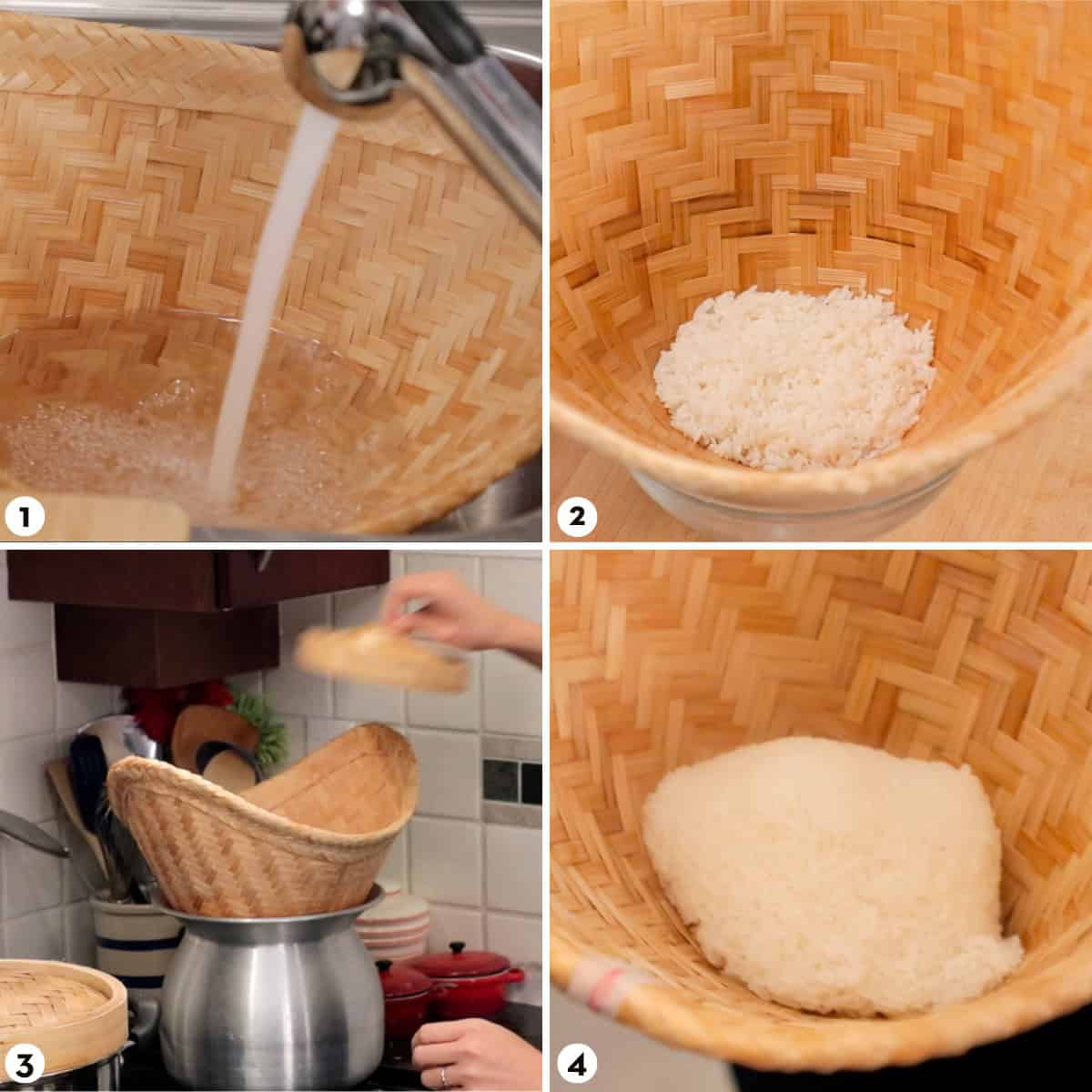 Process shots for how to make sticky rice in a bamboo cone steamer