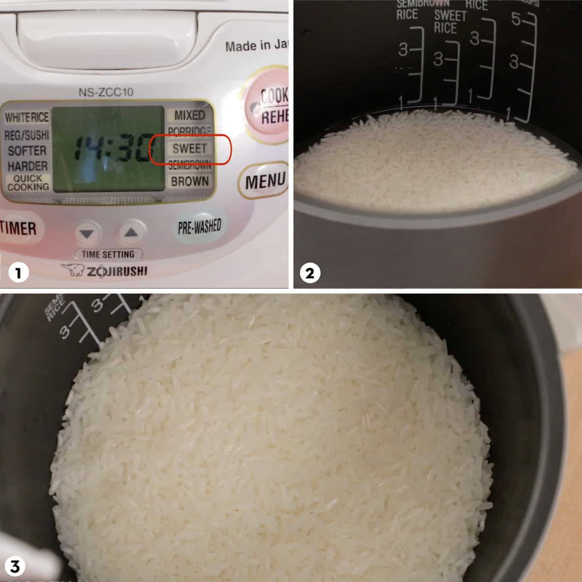 Process shots for how to make sticky rice in a rice cooker