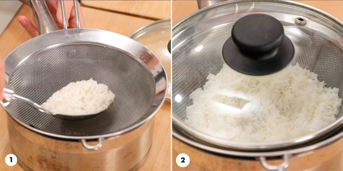 Process shots for how to make sticky rice in a sieve