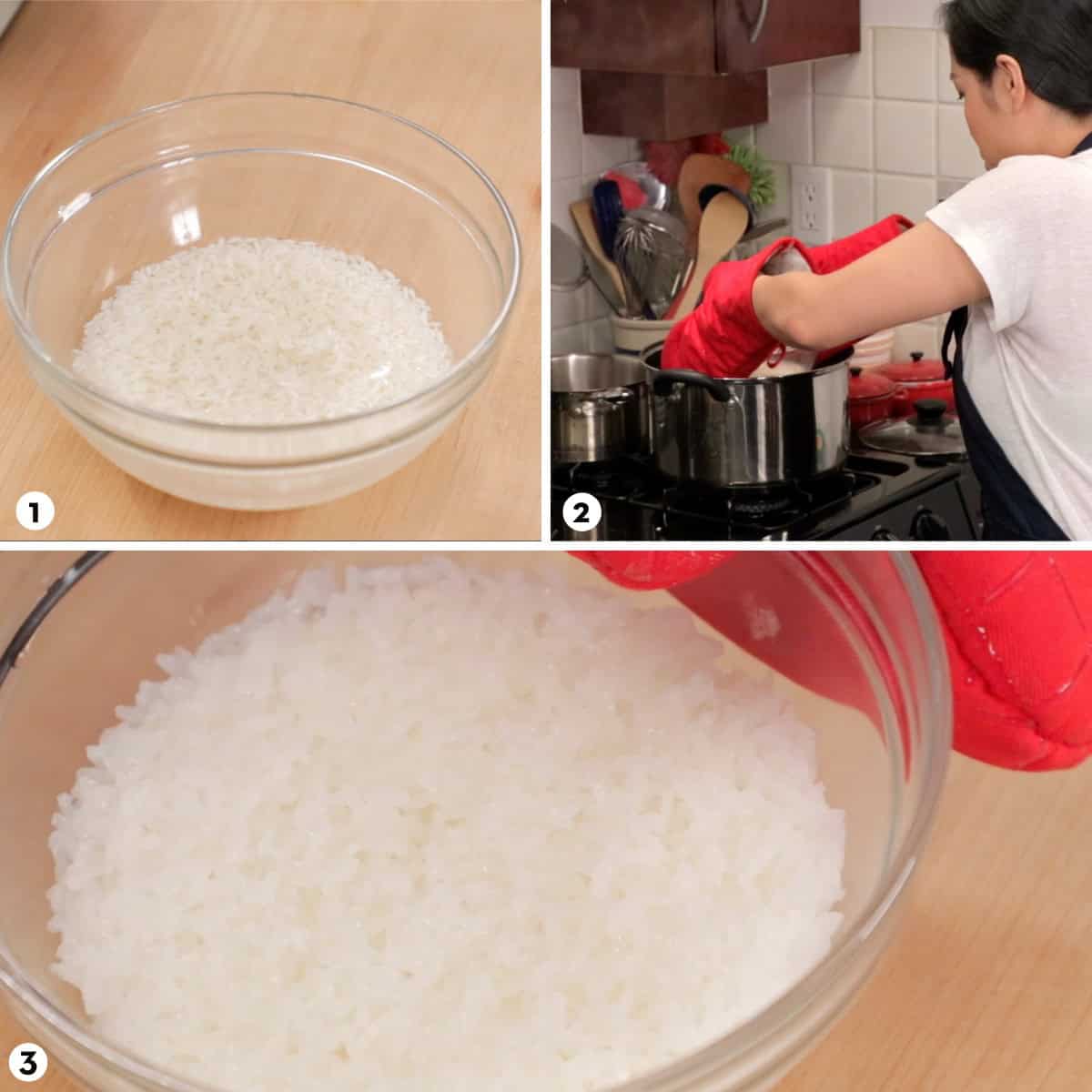 Process shots for how to make sticky rice using the steam-the-bowl method