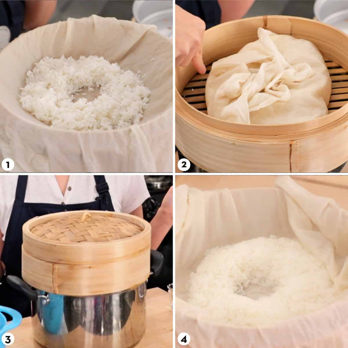 Process shots for how to make sticky rice using a bamboo steamer rack.