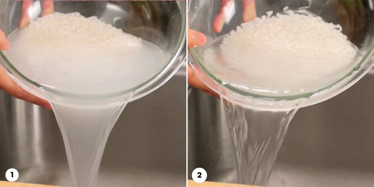 Process shots for how to rinse sticky rice until the water runs clear.