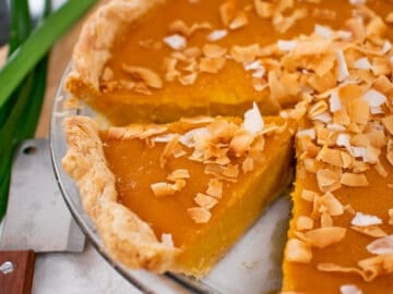 A pumpkin pie with toasted coconut on top