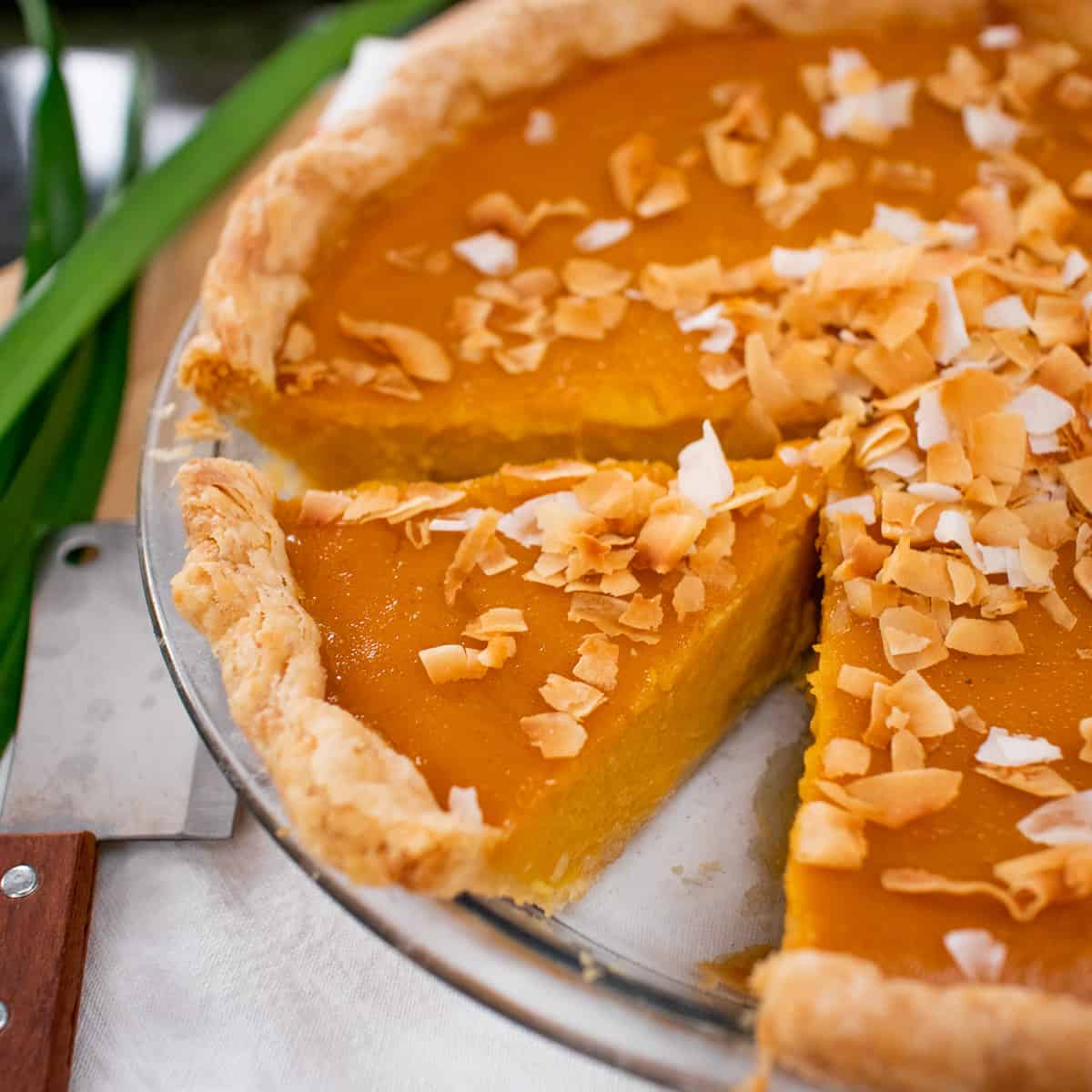 A pumpkin pie with toasted coconut on top
