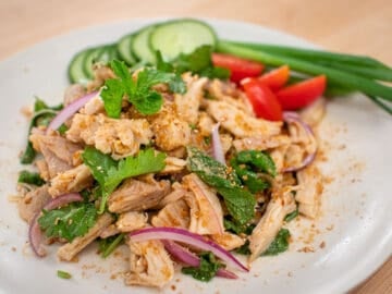 A plate of Thai roast turkey salad with cucumber and green onions on the side
