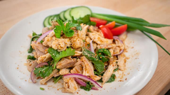 A plate of Thai roast turkey salad with cucumber and green onions on the side