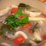 A pot of Thai soup with turkey, mushrooms, and tomatoes with cilantro on top