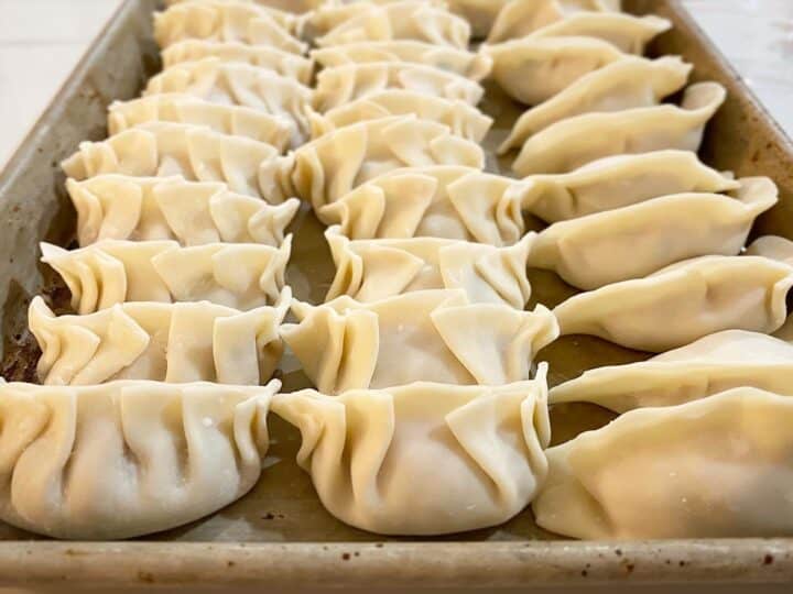 A tray of dumplings with 8 pleats, 6 pleats, and no pleats.