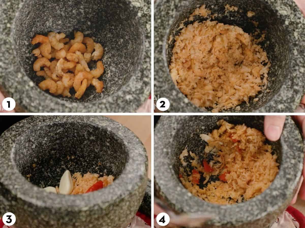 Collage of step-by-step process of making  shrimp paste dip.