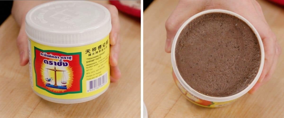 An image of Thai shrimp paste showing both the packaging and The inside.