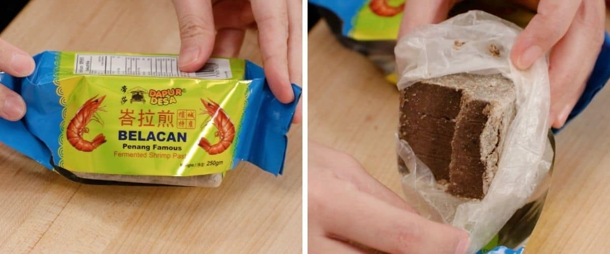 An image of Malaysian shrimp paste showing both the packaging and the actual.