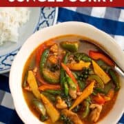 A bowl of jungle curry with chicken, baby corn, thai eggplant, long beans and bell pepper with text overlay "Authentic Thai Jungle Curry"