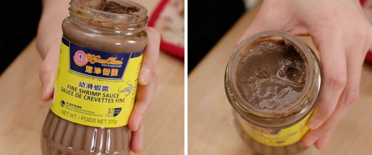 An image of Chinese fermented shrimp sauce jar and another image showing the inside.