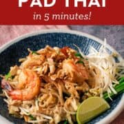 A plate of pad thai shrimp with text overlay "How to make authentic pad thai in 5 minutes" and "hotthaikitchen.com"