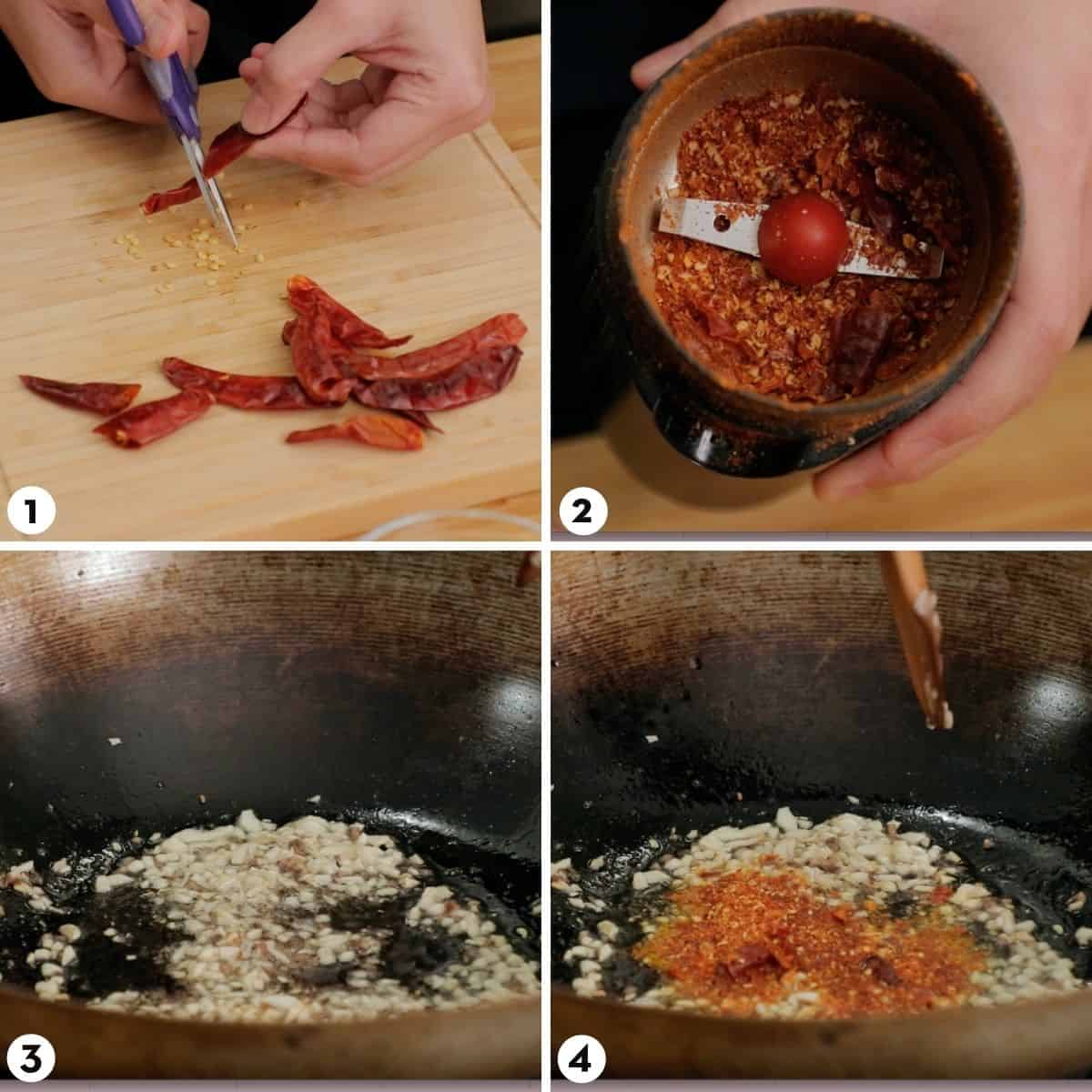 Process shots for how to make chili garlic noodles, step 1-4