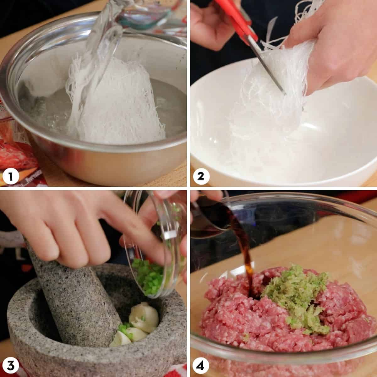 Process shots for making noodle meatballs, step 9-12