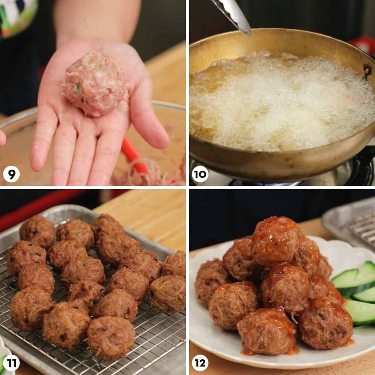 Process shots for making noodle meatballs, step 1-4