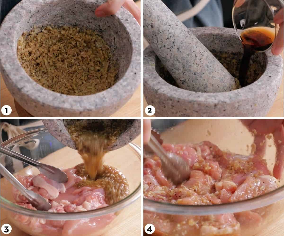 Process shots for how to make lemongrass chicken, steps 1-4