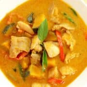 A bowl of red curry chicken with squash