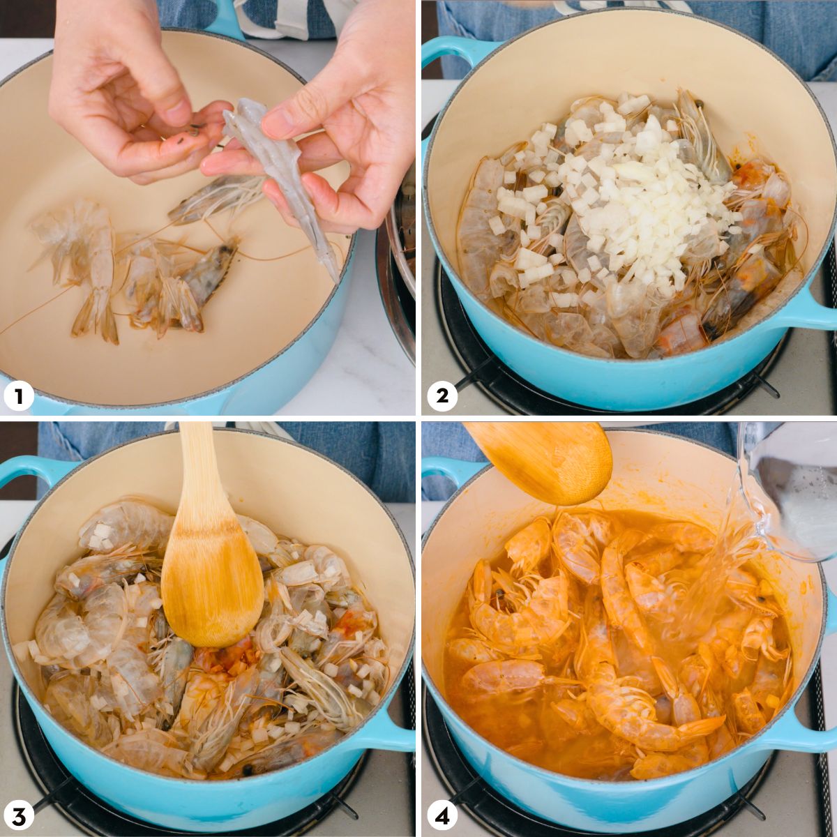 Process shots for how to make tom yum goong, steps 1-4