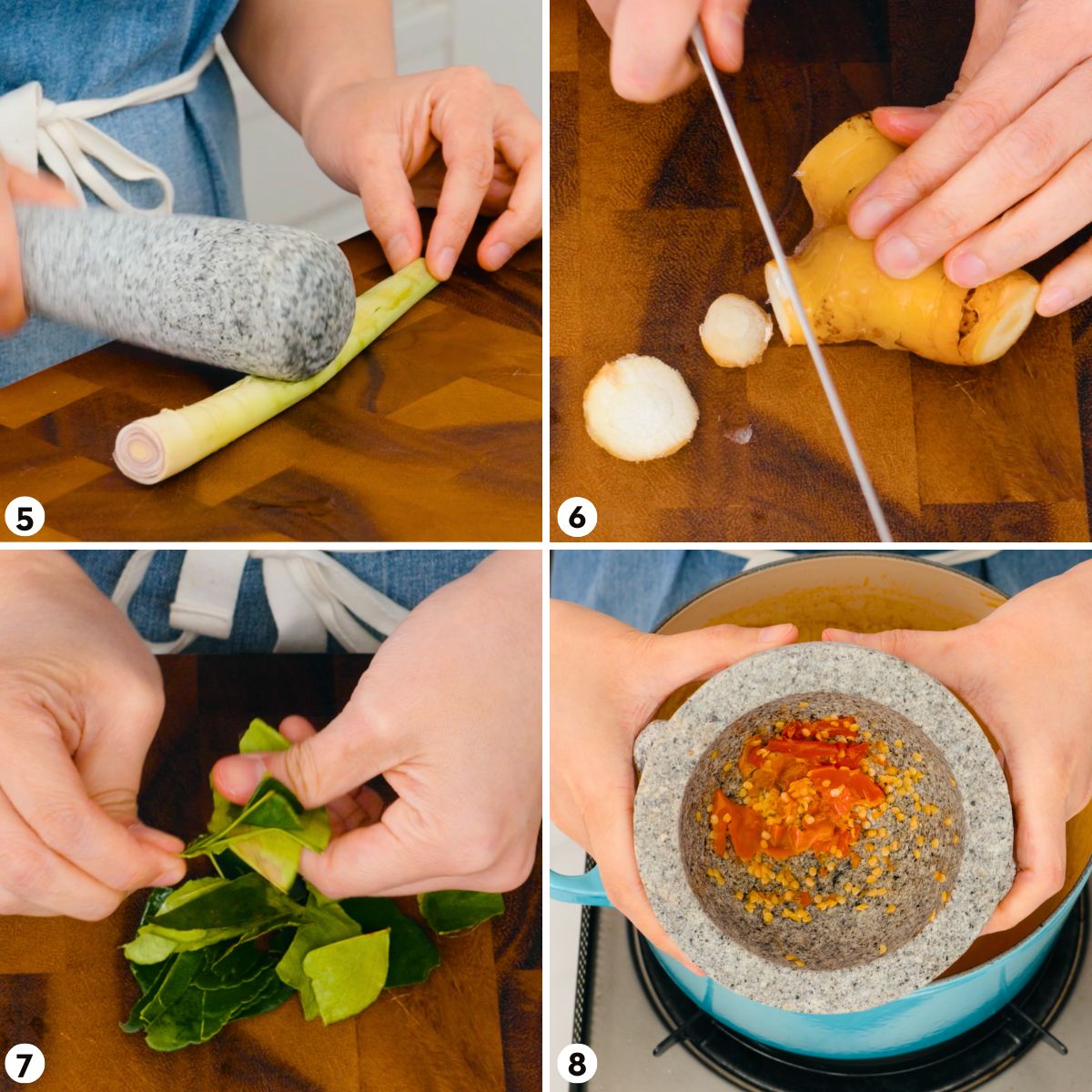Process shots for how to make tom yum goong, steps 5-8
