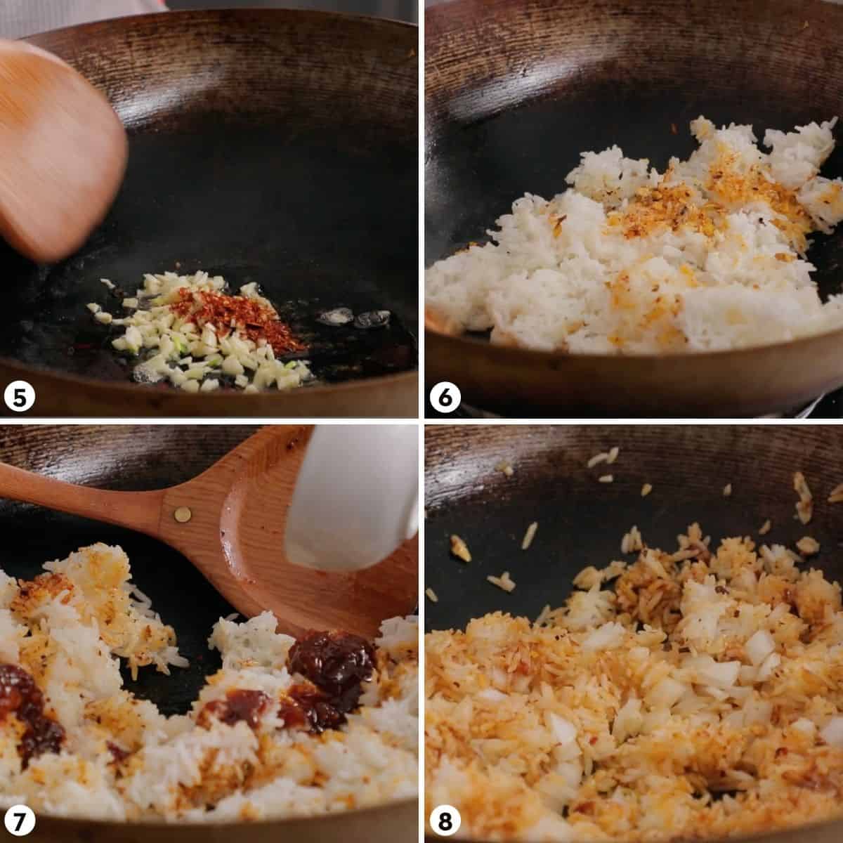 process shots for making triple chili fried rice, steps 5-8