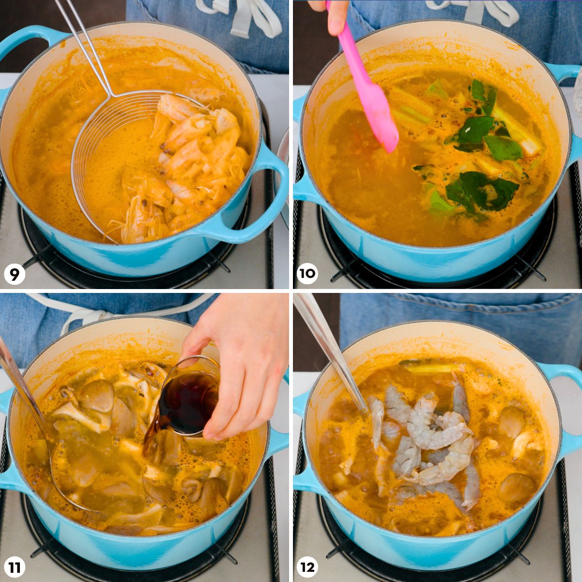 Process shots for how to make tom yum goong, steps 9-12