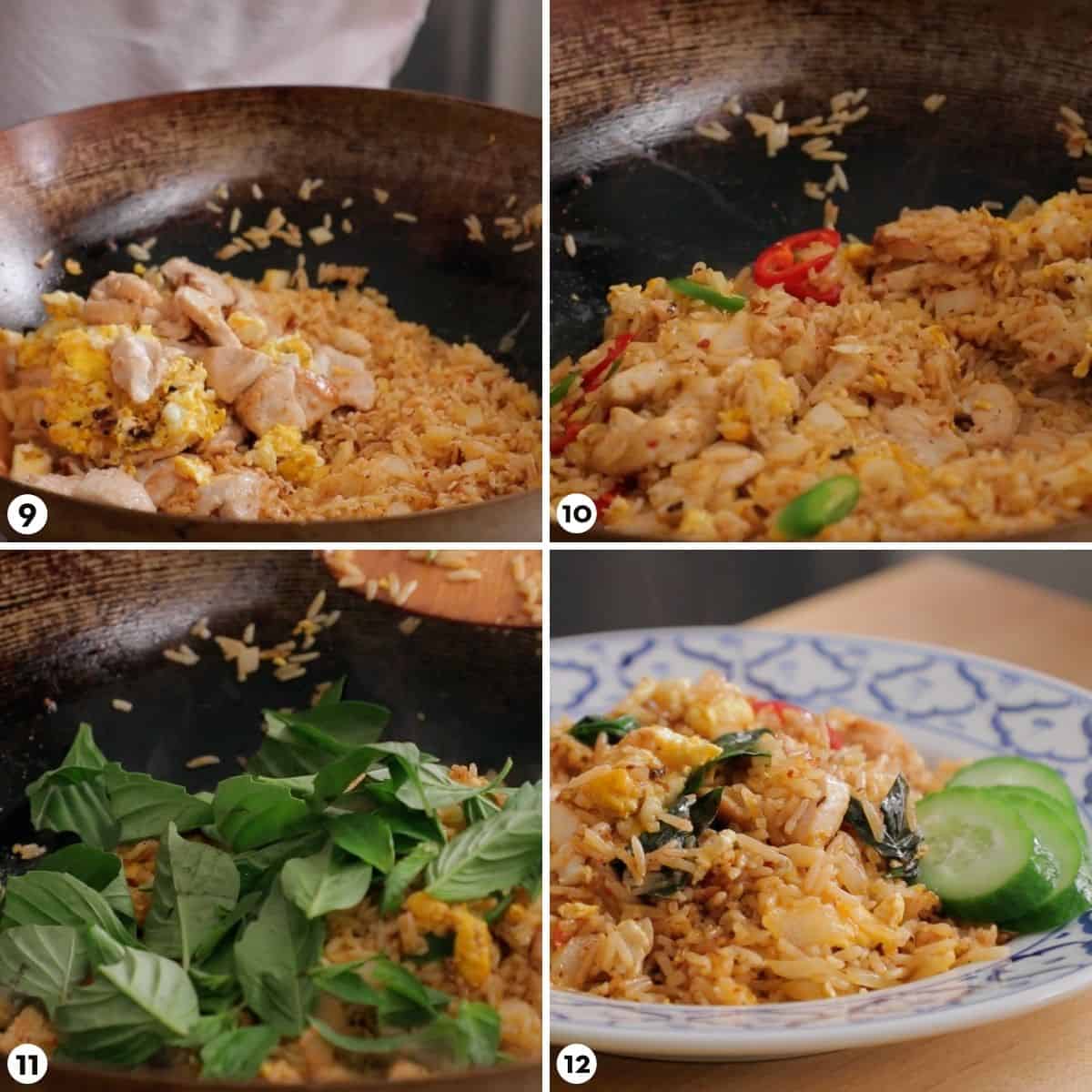 process shots for making triple chili fried rice, steps 9-12