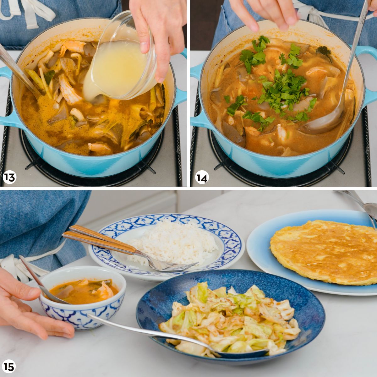 Process shots for how to make tom yum goong, steps 13-15