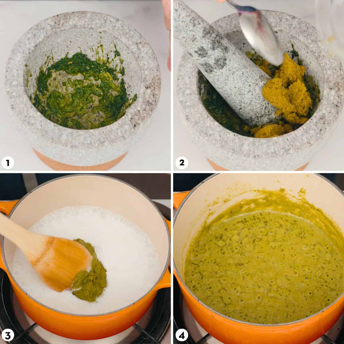 Process shots for how to make green curry steps 1-4