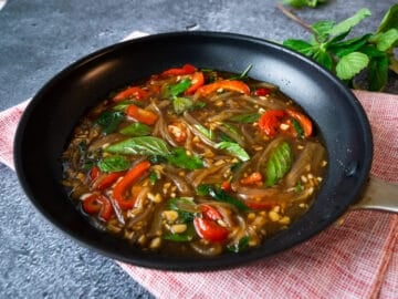 Thai basil sauce in a skillet