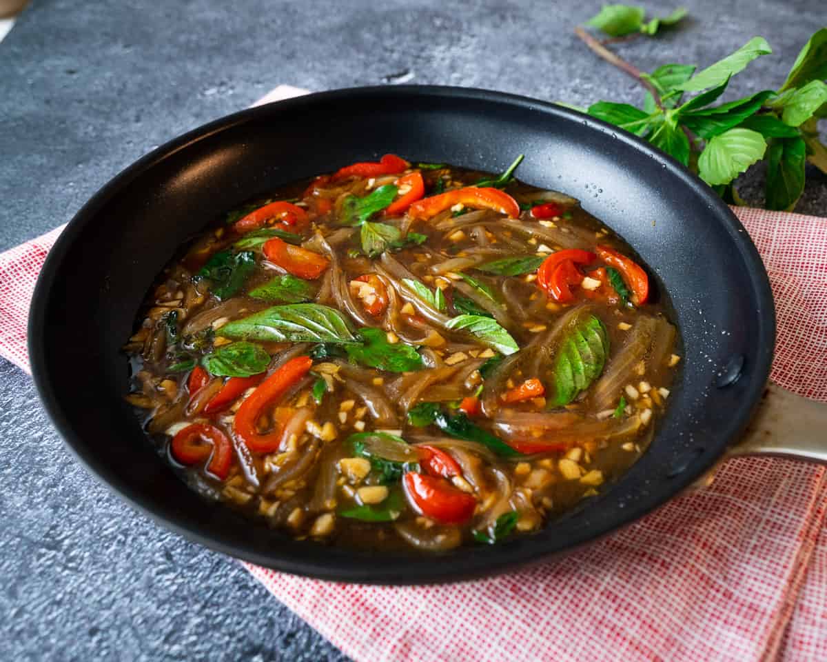 Thai basil sauce in a skillet