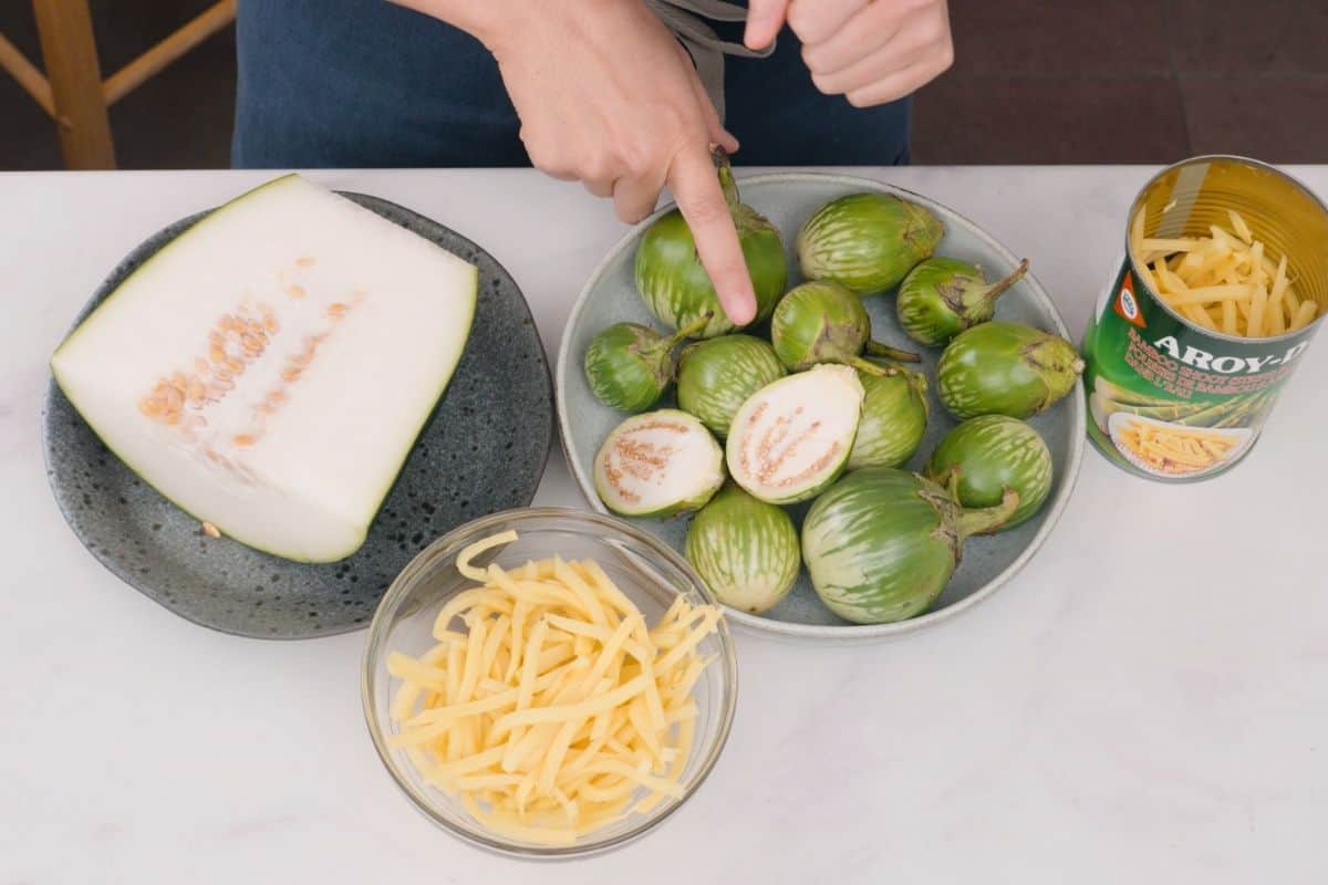 Thai eggplant, bamboo shoot strips, and a cut winter melon.
