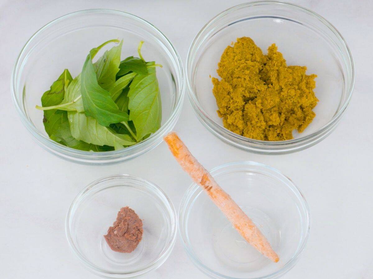 bowls of green curry paste, a piece of fingerroot, shrimp paste, and thai basil leaves