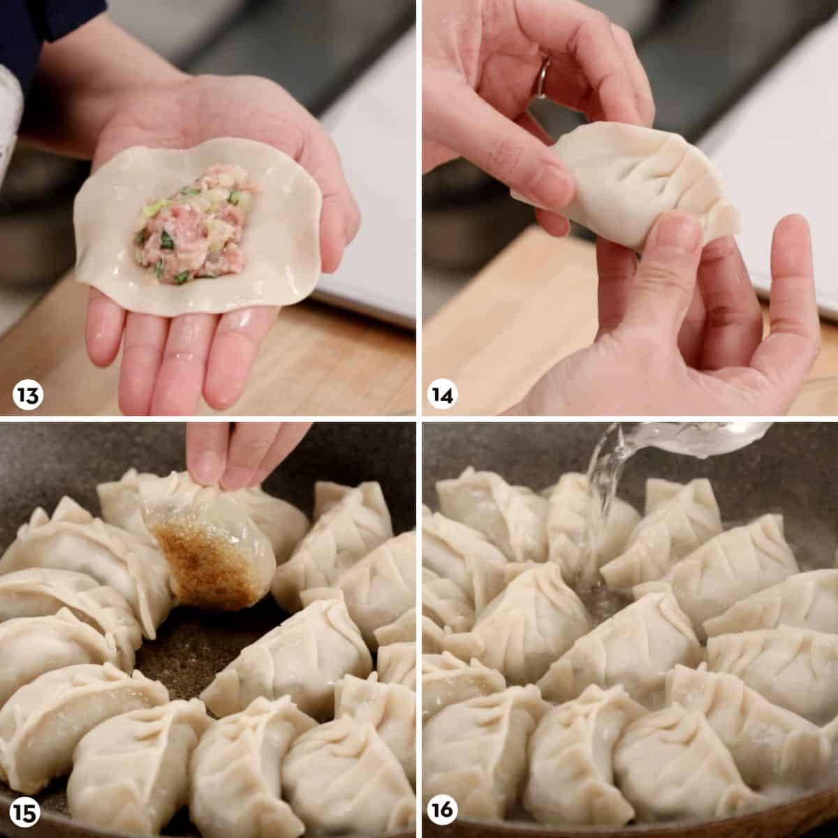 Process shots for making pork dumplings steps 13-16