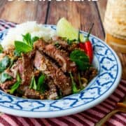 A plate of grilled steak salad with sticky rice. With text overlay "Thai Grilled Steak Salad" and Hotthaikitchen.com