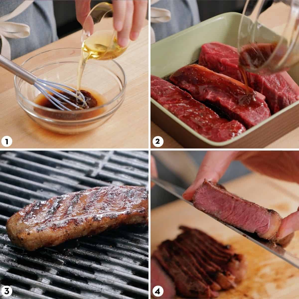 process shots for making nam tok steak salad steps 1-4