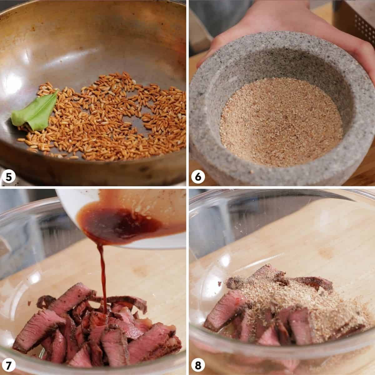 process shots for making nam tok steak salad steps 5-8