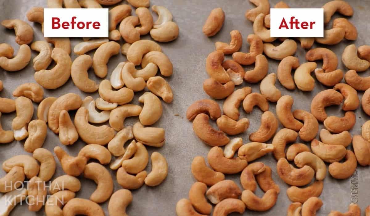 lightly roasted cashews vs dark roasted cashews on a baking sheet